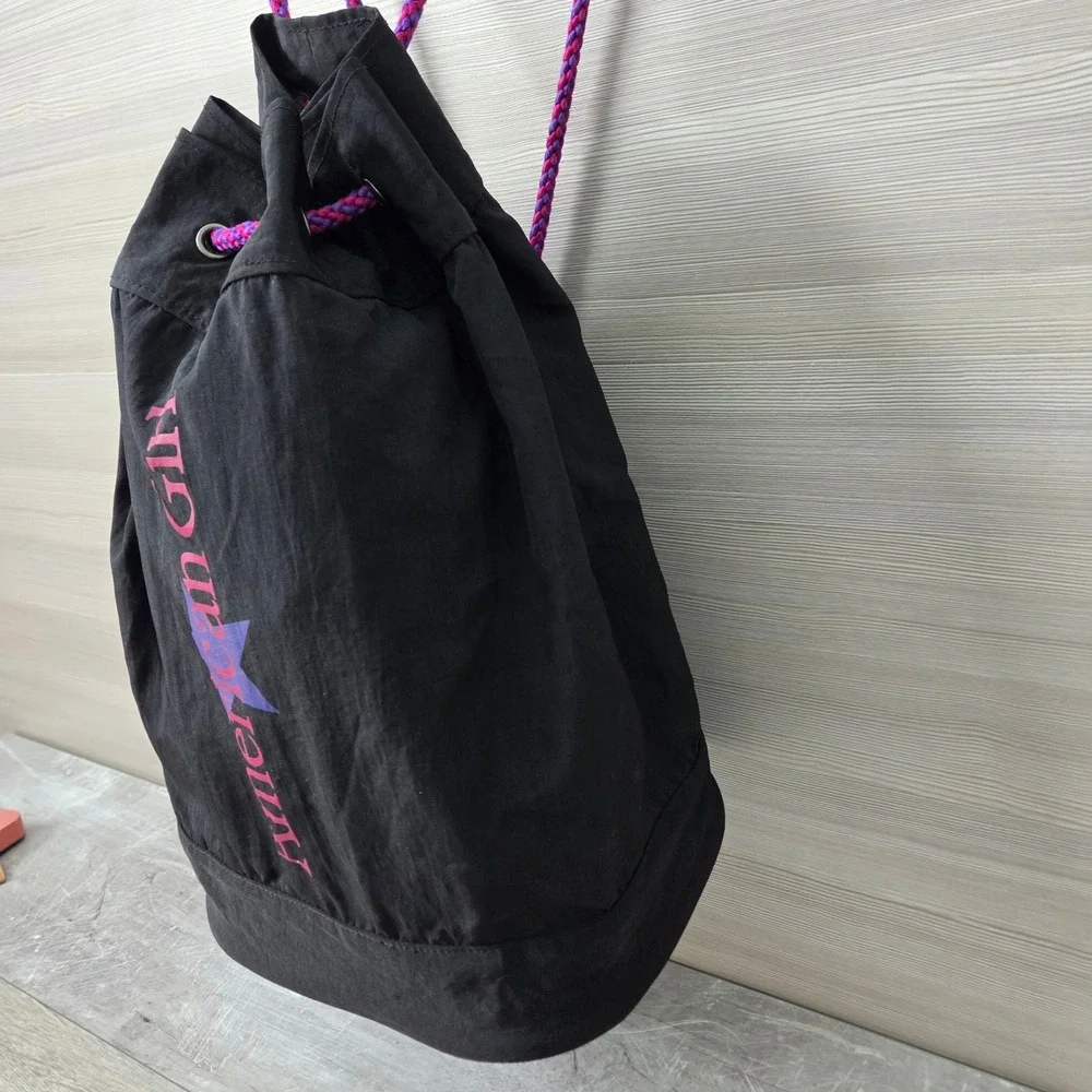 American Girl Black Nylon Drawstring Sling Backpack Y2K Star Logo Purple Rope